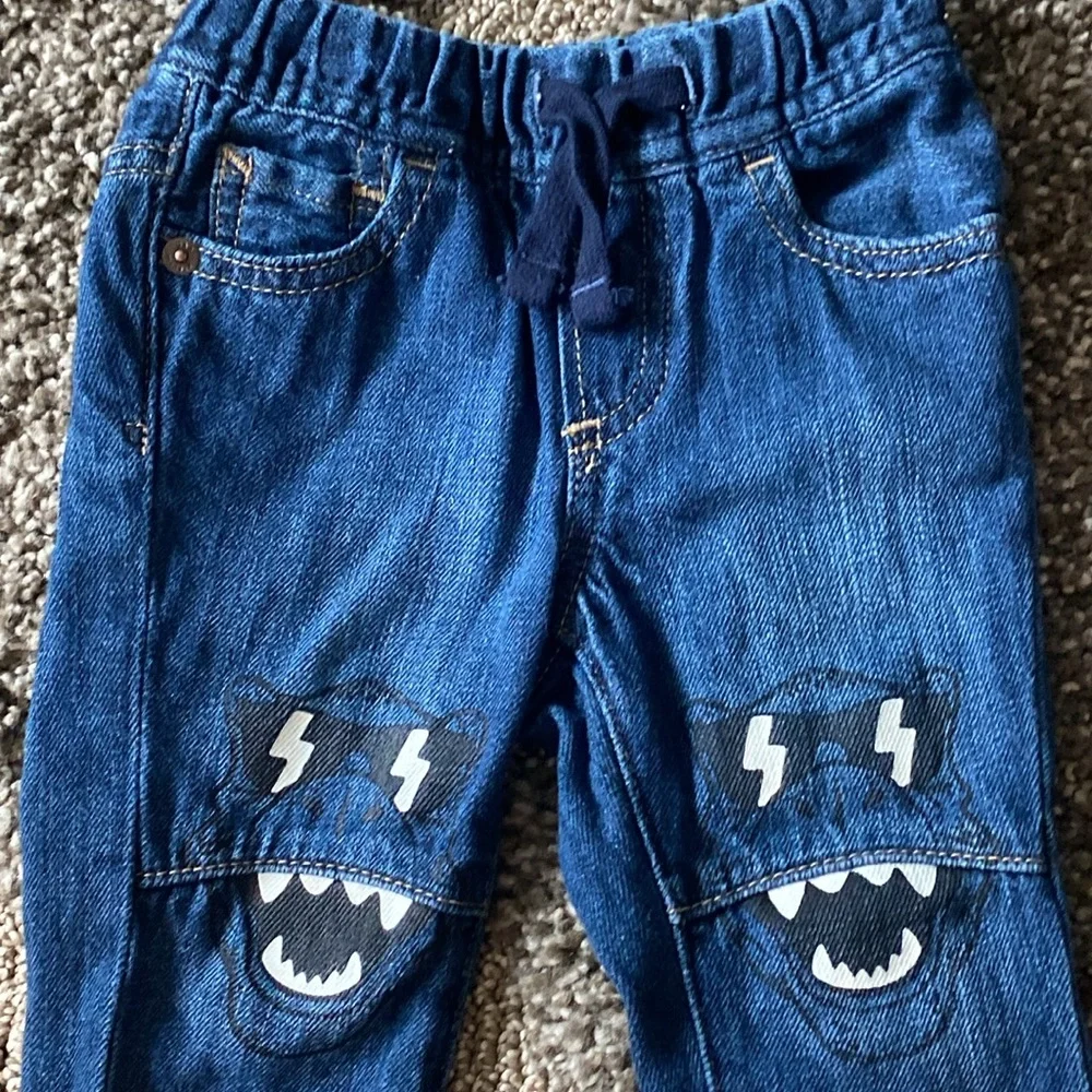 babyGap Baby Boy Dark Wash Slim Denim Blue Jeans Dinosaur Knees 6-12 Months